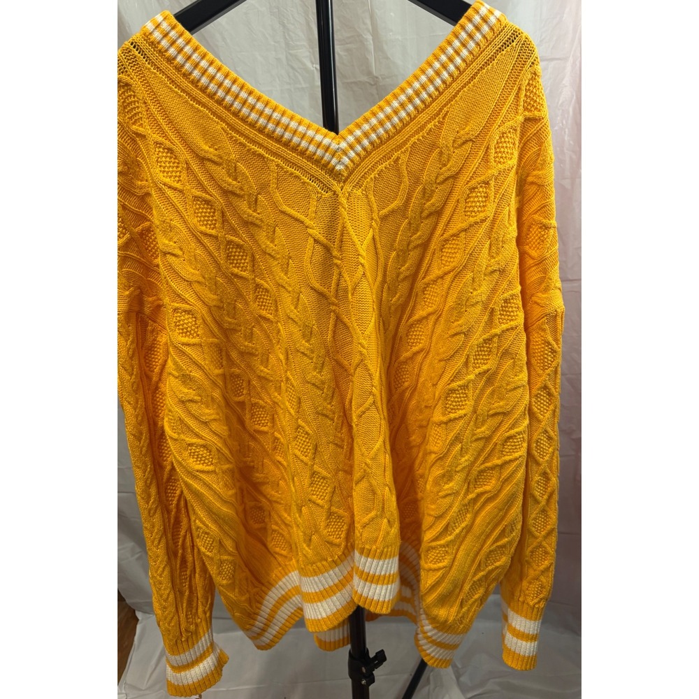 Lands' End Drifter Cable Knit Varsity V-Neck Sweater Yellow White Striped 2X